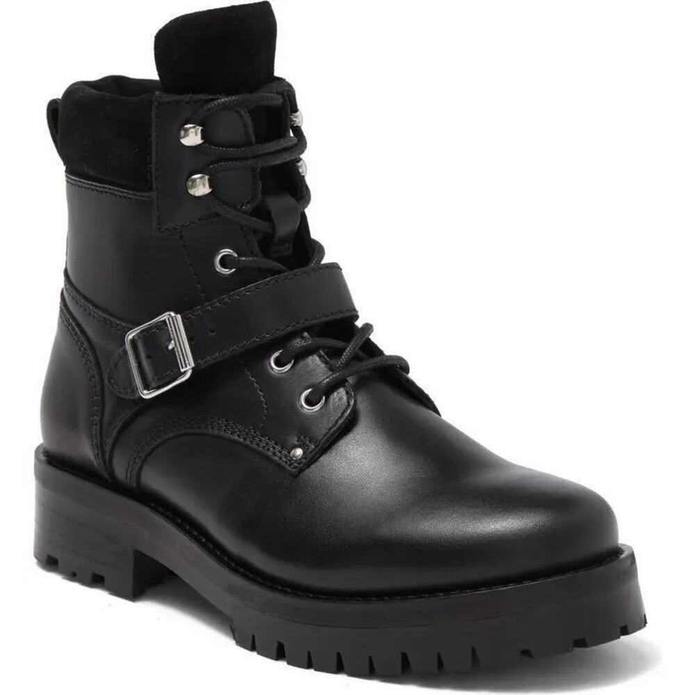 AllSaints NWOB Paulina Leather Moto Buckle Black Lace Up Boot Size US 10